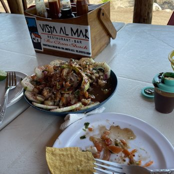 Vista Al Mar - Shrimp ceviche with great selection of salsas - Seafood Near Me - Loreto, BCS Vista Al Mar - Shrimp ceviche with great selection of salsas - Seafood Near Me - Loreto, BCS