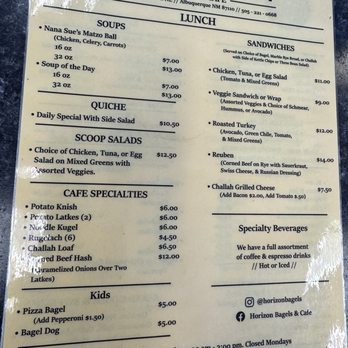 Horizon Bagels & Cafe - Lunch menu, and breakfast menu is mostly bagels and smear, various breakfast sandwiches and specials like pancakes. - Bagels Near Me - Albuquerque, New Mexico