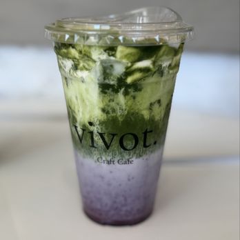 Vivot Craft Cafe - Blueberry lavender matcha with banana toffee nut cold foam . - Bubble Tea Near Me - Fullerton, California