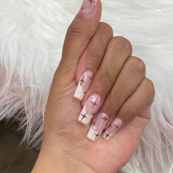 Nails on 9th - Beige French tip with brown stars - Nail Salons Near Me - Los Angeles, California Nails on 9th - Beige French tip with brown stars - Nail Salons Near Me - Los Angeles, California