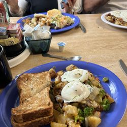 Deb's Bristol Diner - Veges with hard poached eggs and highlight homemade sunflower thick sliced toast!!