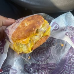 This is an old greasy hard eggs like it was made two days ago loaded omelette biscuit. Yuk! This is an old greasy hard eggs like it was made two days ago loaded omelette biscuit. Yuk!