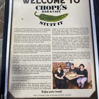 Chope's Bar and Café - Menu with Chope's story - Mexican Near Me - La Mesa, New Mexico Chope's Bar and Café - Menu with Chope's story - Mexican Near Me - La Mesa, New Mexico