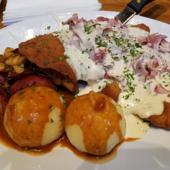Bavarian Bierhaus - Schnitzel Cordon Bleu. Served with dumplings and pommes frites. - German Near Me - Glendale, Wisconsin
