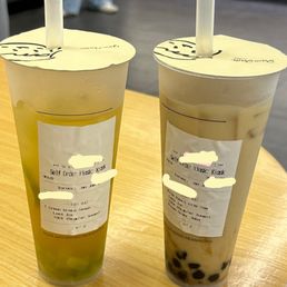 Green Grape Smash and White Peach Milk Tea with Brown Sugar Boba