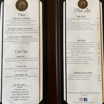 Robledo Family Winery - Food & Bottle Price menu as of our 3/7/24 visit. - Wineries Near Me - Sonoma, California