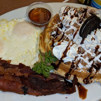 Old Town Waffles - Cookies and cream waffle (8.49) with added bacon and eggs (3.99) - New American Near Me - Clovis, California
