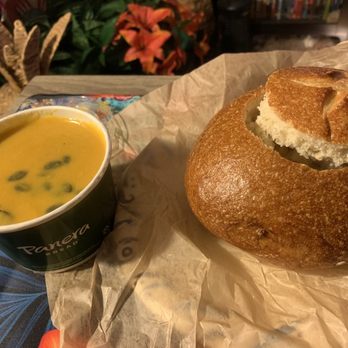 Panera Bread - Vegetarian Autumn Squash Soup and Sourdough Bread Bowl - Salad Near Me - Granada Hills, California Panera Bread - Vegetarian Autumn Squash Soup and Sourdough Bread Bowl - Salad Near Me - Granada Hills, California