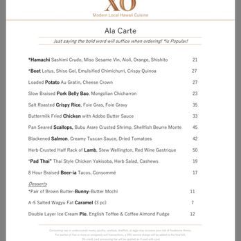 XO Restaurant - Ala Carte menu - Asian Fusion Near Me - Honolulu, Hawaii