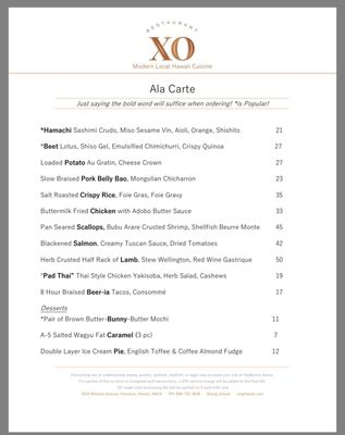 Menu photo 1 XO Restaurant Honolulu, HI