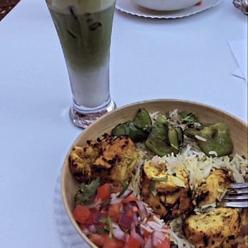 Cafe Alina - Chicken Tikka Bowl and Iced Matcha Latte - Cafes Near Me - State College, Pennsylvania