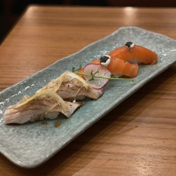 MF Bar - Yellow Tail with Lemon twist and Salmon with pepper, truffle mouse and caviar - Sushi Bars Near Me - Alpharetta, Georgia MF Bar - Yellow Tail with Lemon twist and Salmon with pepper, truffle mouse and caviar - Sushi Bars Near Me - Alpharetta, Georgia