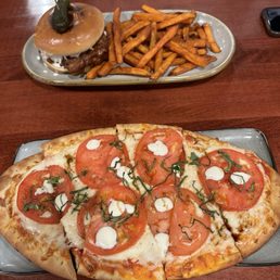 caprese flatbread and nashville chicken sandwich