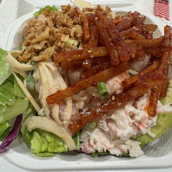 Poke & Box - Small order with Salmon Poke and Creamy Sesame Sauce topped with fried onions and tegu. - Poke Near Me - Honolulu, Hawaii