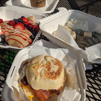 Wunderbar Coffee & Crepes - Berry & Nutella/banana crepes + English muffin breakfast sandwich - Coffee & Tea Near Me - Harmony, Pennsylvania Wunderbar Coffee & Crepes - Berry & Nutella/banana crepes + English muffin breakfast sandwich - Coffee & Tea Near Me - Harmony, Pennsylvania