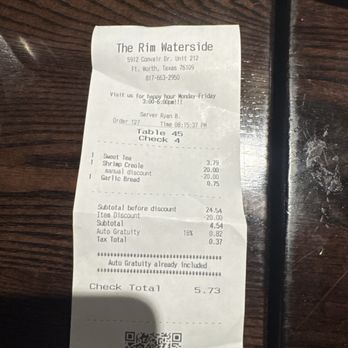 The Rim - My receipt. "Comped meal" - Wine Bars Near Me - Fort Worth, Texas The Rim - My receipt. "Comped meal" - Wine Bars Near Me - Fort Worth, Texas