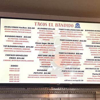 Tacos El Bandido Express - 9/16/24 (mon): Updated menus & costs. Menu board 2 of 3 - Tacos Near Me - Tustin, California Tacos El Bandido Express - 9/16/24 (mon): Updated menus & costs. Menu board 2 of 3 - Tacos Near Me - Tustin, California