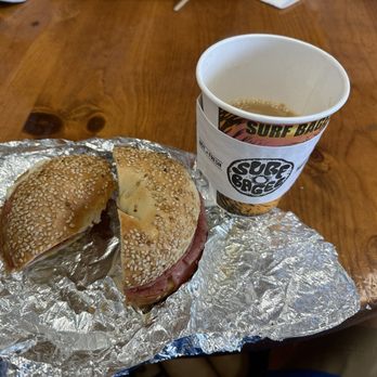 Surf Bagel - Taylor pork roll and egg on a sesame seed Bagel - Breakfast & Brunch Near Me - Lewes, Delaware Surf Bagel - Taylor pork roll and egg on a sesame seed Bagel - Breakfast & Brunch Near Me - Lewes, Delaware