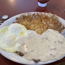 The Mayors Place - Country-fried steak and eggs. HUGE portions. Keys for comparison.