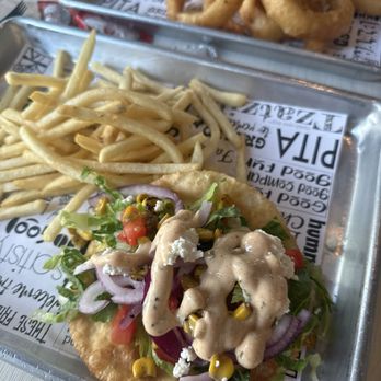 Santorini's - Kids meal - Puffy Pita. Regular meal comes with 3 pitas and no fries. So good! - Greek Near Me - Farmington, Utah Santorini's - Kids meal - Puffy Pita. Regular meal comes with 3 pitas and no fries. So good! - Greek Near Me - Farmington, Utah
