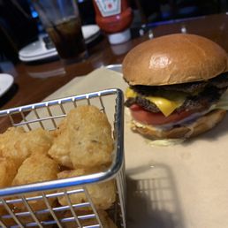 Brick Burger and tater Tots