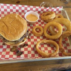 Buckwild Saloon - 'Shrooms and Swiss burger with onion rings