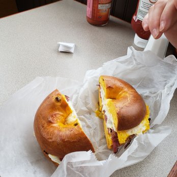Bagel Cafe - Pastrami, egg, and cheese on jalapeno cheddar bagel - Bagels Near Me - Manchester, New Hampshire