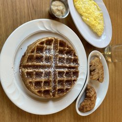 Two If By Sea Restaurant - Chicken n waffles with bacon gravy and scrambled eggs