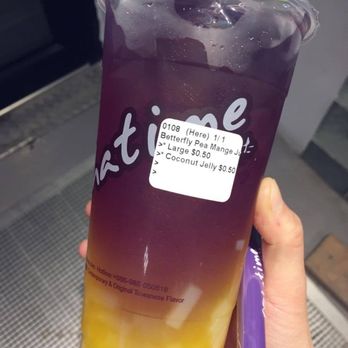 Chatime - Butterfly pea and mango juice with jelly - looks more purple than sky blue to me... - Coffee & Tea Near Me - Montreal, Quebec