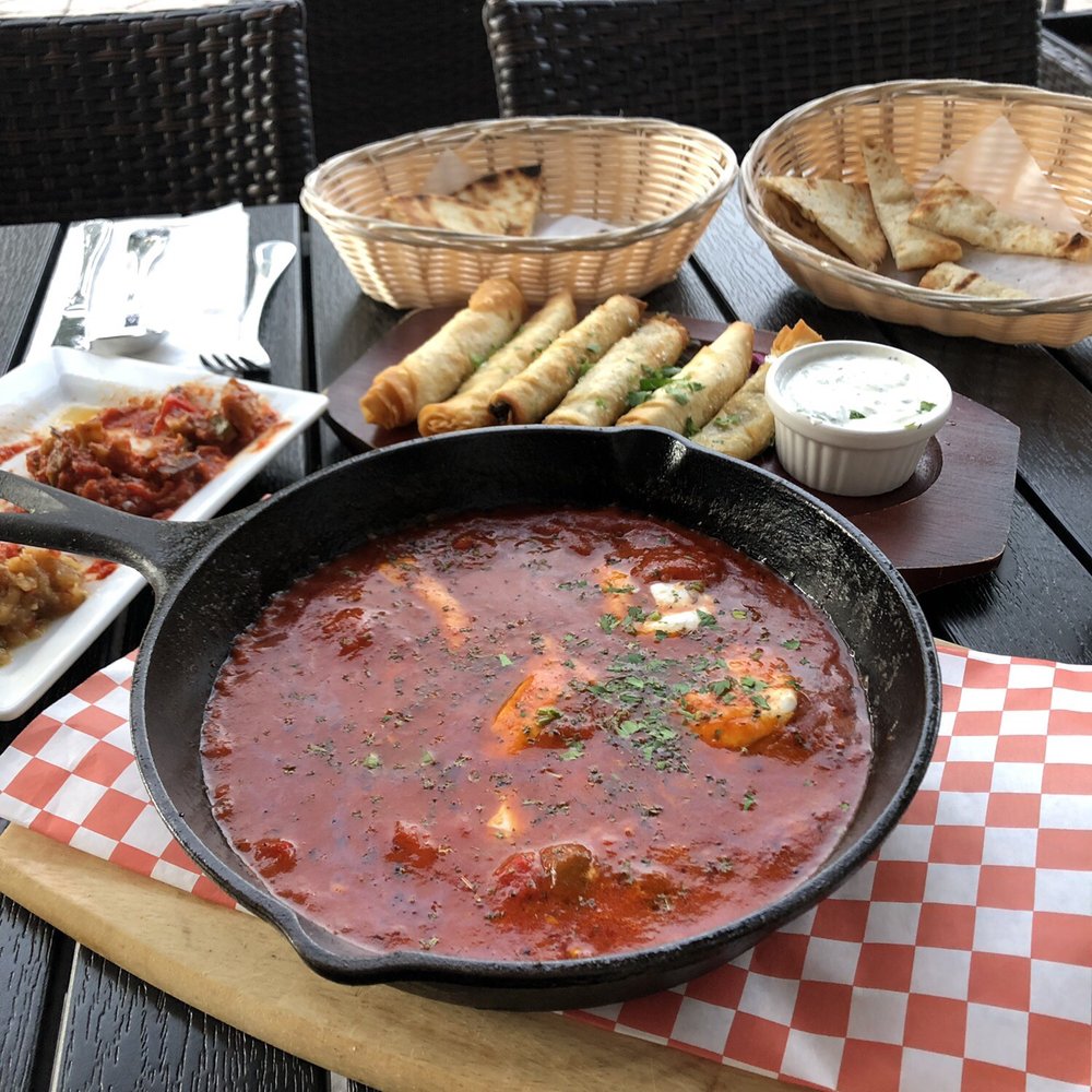 Sofra - Babaghanush, Saksuka, Sigara Borek,. In the center is Shrimp Saganaki. Not in the picture is housemade Labni.  The food is spectacular. - Mediterranean Near Me - Lake Worth, Florida