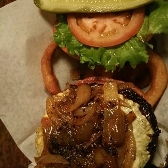 Dispensary Lounge - Black and Bleu burger with grilled onions and onion rings - Lounges Near Me - Las Vegas, Nevada Dispensary Lounge - Black and Bleu burger with grilled onions and onion rings - Lounges Near Me - Las Vegas, Nevada