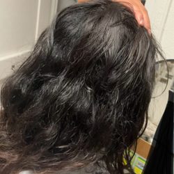 Ecco Beauty Hair Salon - The final "fixed" hair. Note the frayed, short ends, thinning, and replaced hair that isn't the right color or texture.
