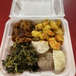 Treelion - A little bit of everything in the Medium Box! Veggie Chicken, Veggie Prawn, Calaloo, Boiled Plantain, Boiled Yam & a Boiled Dumpling