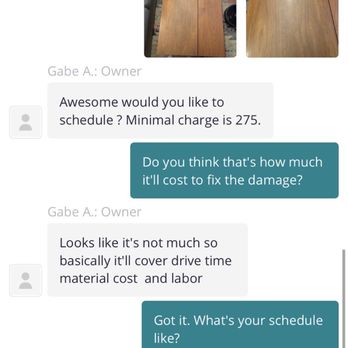 Gabes Refinishing - A screenshot of a messaging app showing a conversation with Gabes Refinishing about furniture repair costs and scheduling. - Refinishing Services Near Me - Denver, Colorado