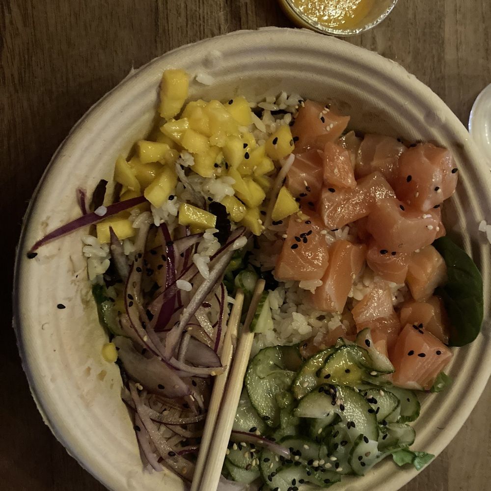 Already eaten Wax On Bowl - salmon had a nice texture. Ginger dressing on the side Already eaten Wax On Bowl - salmon had a nice texture. Ginger dressing on the side