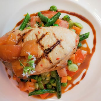 The Chef's House - Grilled pork chop with summer vegetable succotash and peach compote - Canadian (New) Near Me - Toronto, Ontario