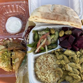 Dvine Mediterranean Experience - Long Beach - Chicken shawarma plate, mediterranean salad, beet salad, baklava - Mediterranean Near Me - Long Beach, California