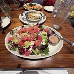 Heirloom Beet & Chicken Salad, White Truffle Garlic Bread, Roasted Salmon