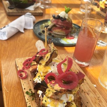 Outpost Kitchen - Salmon and shrimp Benedict, blueberry pancakes , Paloma - Breakfast & Brunch Near Me - Costa Mesa, California Outpost Kitchen - Salmon and shrimp Benedict, blueberry pancakes , Paloma - Breakfast & Brunch Near Me - Costa Mesa, California