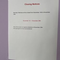 Meridian Wellness Center - We're currently closed for Vacation from November 14-28