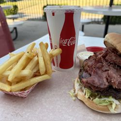 Pastrami Burger, fries, and a Diet Coke with a side of mayo