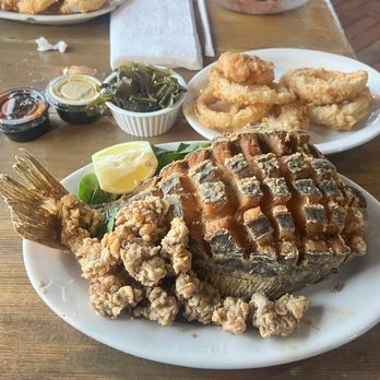 Skipper's Fish Camp - Scored Fried Flounder platter with Oysters - Seafood Near Me - Darien, Georgia Skipper's Fish Camp - Scored Fried Flounder platter with Oysters - Seafood Near Me - Darien, Georgia