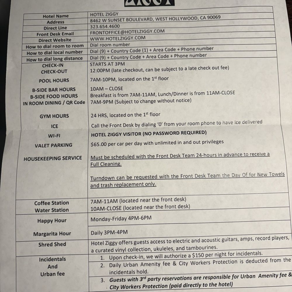 Hotel Ziggy - Unban amenity charge??? Check the valet and be prepared.... - Hotels Near Me - West Hollywood, California Hotel Ziggy - Unban amenity charge??? Check the valet and be prepared.... - Hotels Near Me - West Hollywood, California