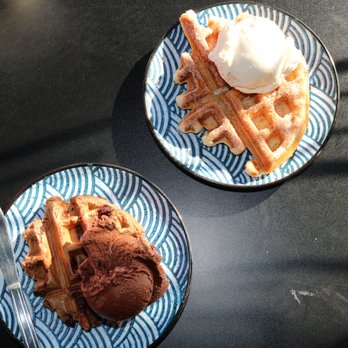 Enter The Cafe - Chocolate Moffle w/ Chocolate Ice Cream, and a Churro Moffle with Vanilla Ice Cream! - Coffee & Tea Near Me - San Francisco, California