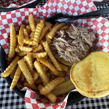 SharpShooter Pit and Grill - Pulled Pork Sandwich with Fries - Barbeque Near Me - Affton, Missouri SharpShooter Pit and Grill - Pulled Pork Sandwich with Fries - Barbeque Near Me - Affton, Missouri