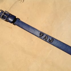 Stonehedge Leather Co - Custom leather dog collar in a hand dyed colbalt blue with stainless steel d-rings and stainless steel roller buckle