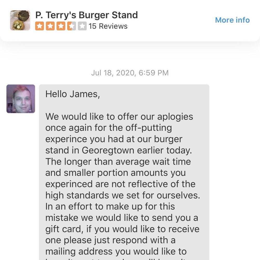 P. Terry's Burger Stand - This was very nice of them. I will bring them up one more star. When I receive the gift card, I'll add another star. Mr. Texas is very nice - Fast Food Near Me - Georgetown, Texas P. Terry's Burger Stand - This was very nice of them. I will bring them up one more star. When I receive the gift card, I'll add another star. Mr. Texas is very nice - Fast Food Near Me - Georgetown, Texas
