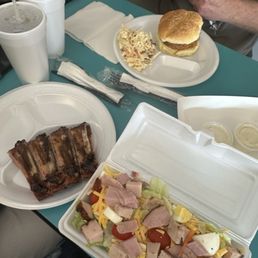 Half a salad.  Ribs and the bbq pork sandwich