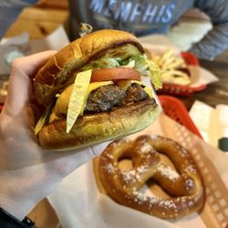 Flyway Brewing - Plain Jane burger, soft pretzel