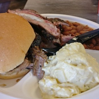 Big John's Texas BBQ - The beef brisket sandwich and ribs with some potato salad and cowboy beans - Barbeque Near Me - Page, Arizona Big John's Texas BBQ - The beef brisket sandwich and ribs with some potato salad and cowboy beans - Barbeque Near Me - Page, Arizona